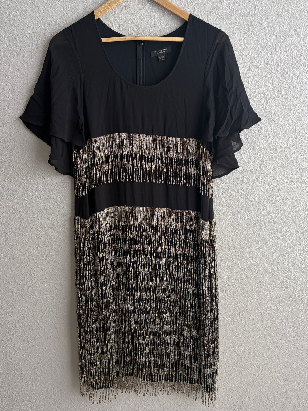 Burberry London Black Silk Beaded Fringe Cocktail Dress 38 US 4 Made Italy RARE